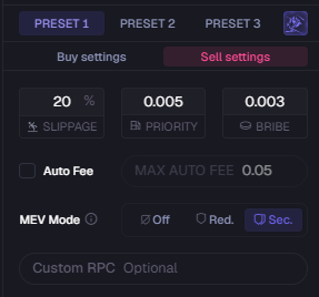 Axiom sell settings